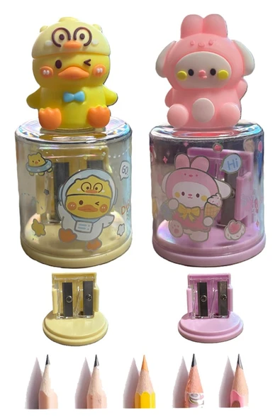 Mini Figürlü Sevimli 2 li Kalem Traş 2 Adet Hazneli Kalemtıraş Çift Bıçaklı Kalem Açacağı Figürlü No2 Jumbo ve Standart