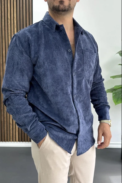 Erkek Kadife Kumaş Gömlek Mavi Edw415 - Resim 2