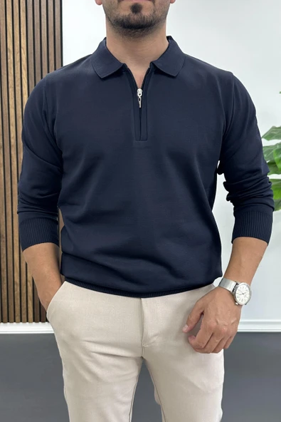 Erkek Yarım Fermuarlı Düz Desen Polo Yaka Kazak Lacivert Edw424 ürün görseli