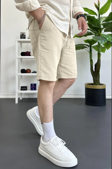 Erkek Beli Lastikli Keten Kumaş Şort Krem Edw370 ürün görseli
