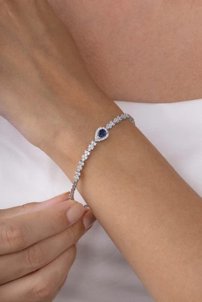 Gümüş Pazarım Safir Taşlı Damla Motifli Rodyum Kaplama Gümüş Bileklik - Resim 2