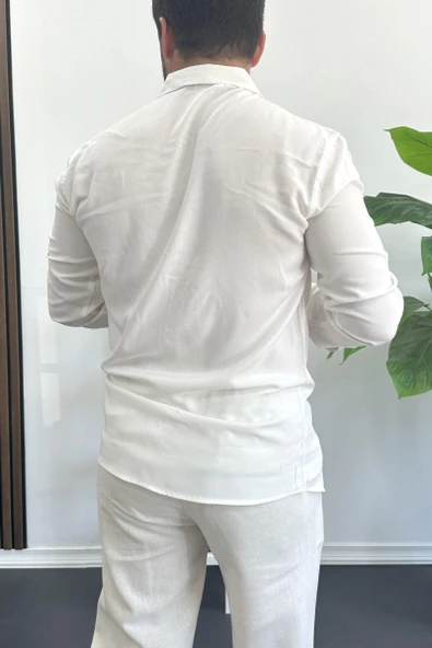 Erkek Viskon Kumaş Uzun Kollu Gömlek Beyaz Edw391 - Resim 3