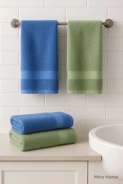 4 Parça Ekonomik Banyo Havlu Takımı %100 Pamuklu Quickdry Mavi Yeşil - Resim 2
