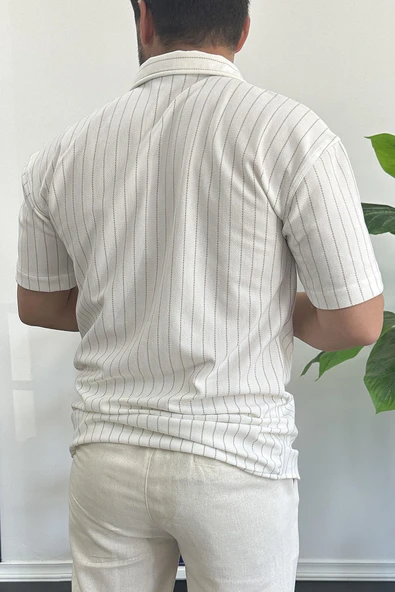 Erkek Dik Çizgili Kısa Kollu Gömlek Krem Edw387 - Resim 3
