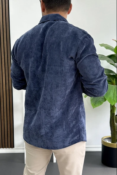 Erkek Kadife Kumaş Gömlek Mavi Edw415 - Resim 3