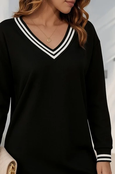 MDB Kadın Uzun Kollu V Yakalı şerit Detaylı Kısa Viskon Iki Iplik Elbise - Resim 2