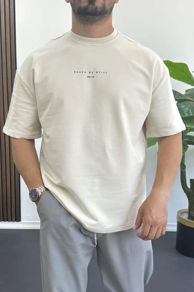 Erkek Kabartmalı Sırt Baskılı Oversize Tişört Krem Edw390 - Resim 2