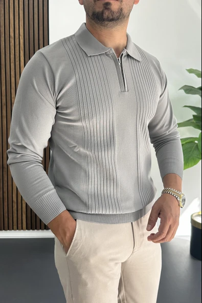 Erkek Çizgi Desenli Normal Kalıp Kazak Gri Edw422 - Resim 2