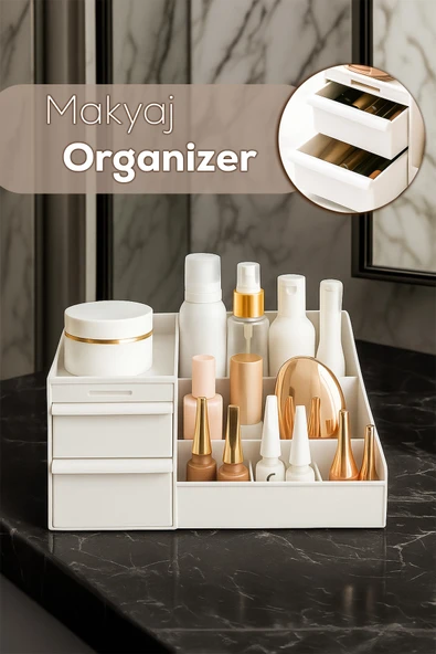 Porsima 5303 Çok Amaçlı Organizer 2 Çekmeceli Kozmetik Parfüm Krem Takı Makyaj Düzenleyici Beyaz ürün görseli 1