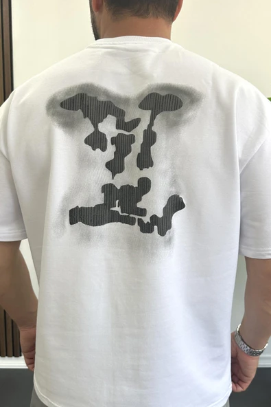 Erkek Kabartmalı Sırt Baskılı Oversize Tişört Beyaz Edw390 - Resim 4