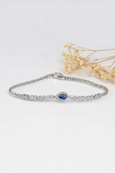 Gümüş Pazarım Safir Taşlı Damla Motifli Rodyum Kaplama Gümüş Bileklik - Resim 4