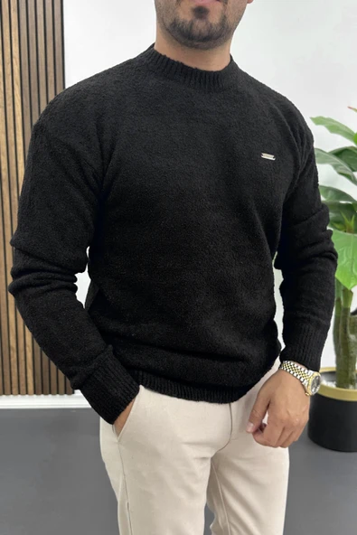 Erkek Bisiklet Yaka Buklet Kumaş Kazak Siyah Edw419 - Resim 2