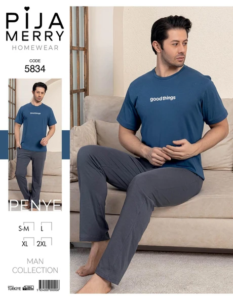 Pijamerry Erkek Bisiklet Yaka Kısa Kol Penye Pijama Takımı 5834 - 1 Adet  2XL Mavi - Resim 2