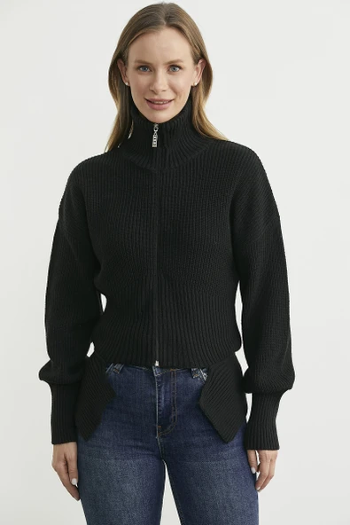 Dik Yaka Fermuarlı Bel Detaylı Triko Hırka - Siyah - 3