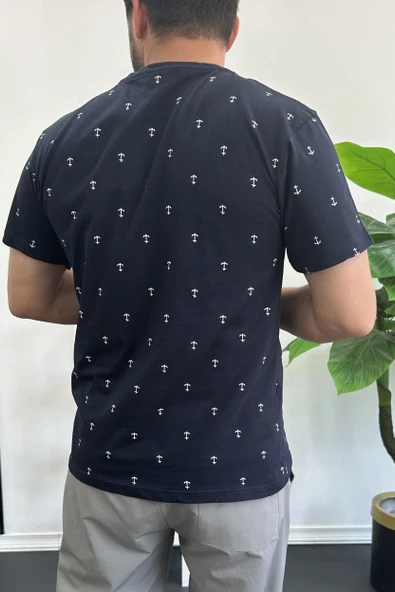 Erkek Çapa Desenli Bisiklet Yaka Tişört Lacivert Edw395 - Resim 4