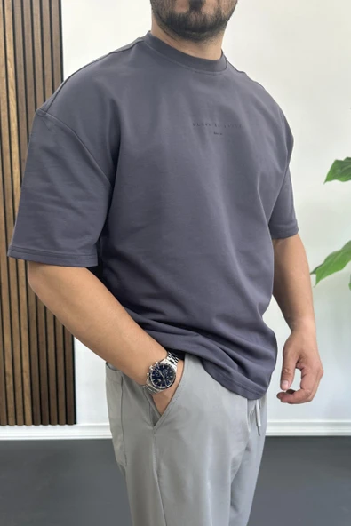 Erkek Kabartmalı Sırt Baskılı Oversize Tişört Füme Edw390 - Resim 3