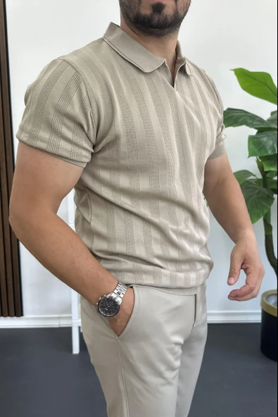 Erkek Açık Yaka Desenli Tişört Vizon Edw385 - Resim 2