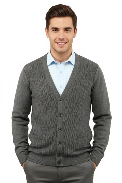 Erkek Düğmeli Hırka Cepli Çelik Örgü Klasik Kalıp 5212M BGL-ST04848 - Resim 3