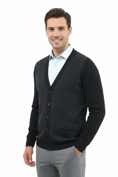 Erkek Düğmeli Hırka Cepli Çelik Örgü Klasik Kalıp 5212M BGL-ST04848 - Resim 4