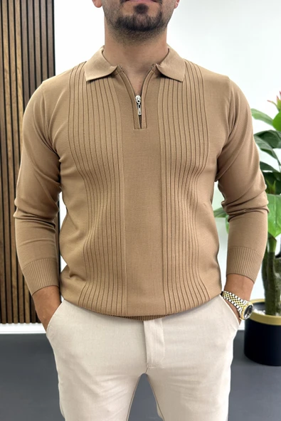 Erkek Çizgi Desenli Normal Kalıp Kazak Kahverengi Edw422