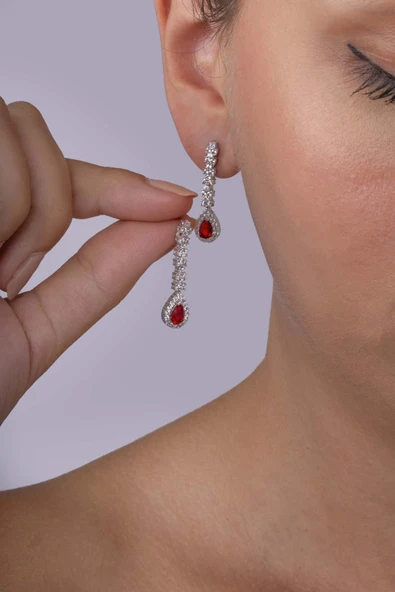 Gümüş Pazarım Yakut Taşlı Damla Motifli Rodyum Kaplama Gümüş Küpe - 3