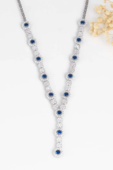 Gümüş Pazarım Safir Taşlı Su Yolu Pırlanta Montür Rodyum Kaplama Gümüş Kolye - 4