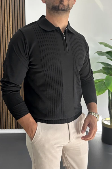 Erkek Çizgi Desenli Normal Kalıp Kazak Siyah Edw422 - Resim 2