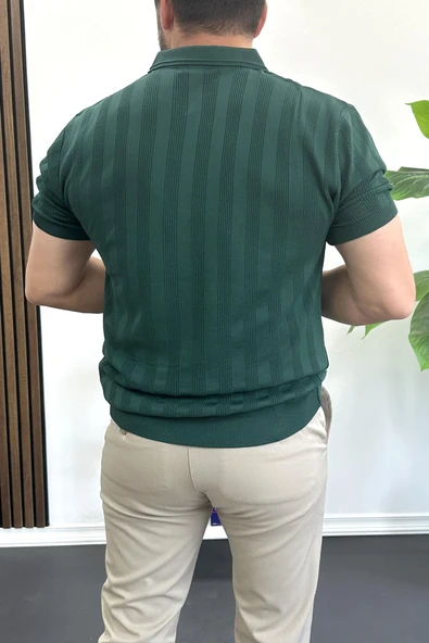 Erkek Açık Yaka Desenli Tişört Koyu Yeşil Edw385 - Resim 3