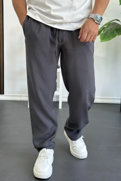 Erkek Beli Lastikli Modal Kumaş Rahat Kesim Pantolon Füme Edw396 - Resim 2