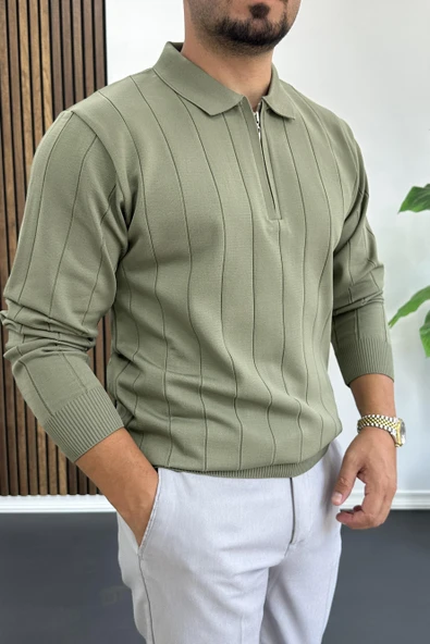 Erkek Yarım Fermuarlı Polo Yaka Mevsimlik Kazak Haki Edw195 - Resim 2