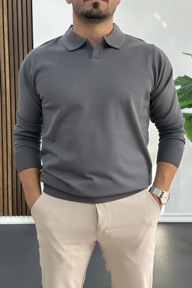 Erkek Açık Yaka Düz Desen Normal Kalıp Kazak Füme Edw423 ürün görseli