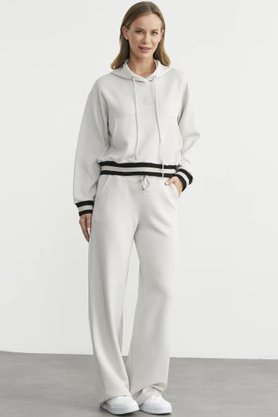 Kapüşonlu Rahat Kalıp Scuba Eşofman Takım - Taş - Resim 3
