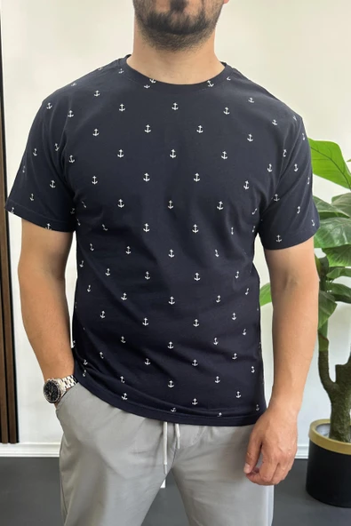 Erkek Çapa Desenli Bisiklet Yaka Tişört Lacivert Edw395 ürün görseli