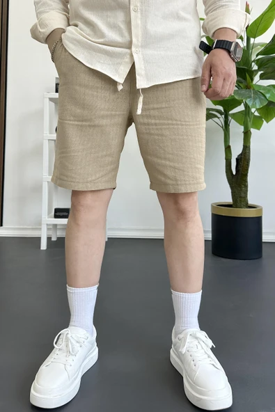 Erkek Beli Lastikli Keten Kumaş Şort Kahverengi Edw370 ürün görseli