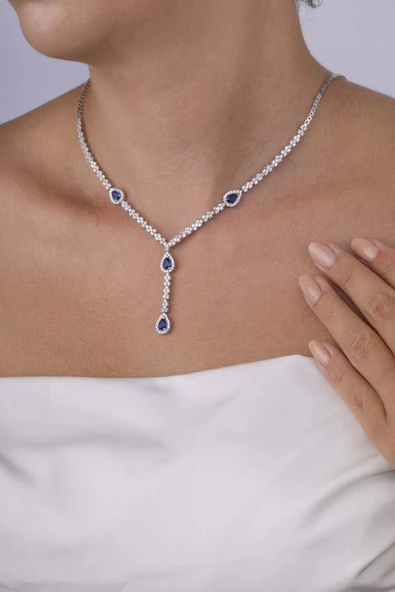 Gümüş Pazarım Safir Taşlı Damla Motifli Rodyum Kaplama Gümüş Kolye ürün görseli 1