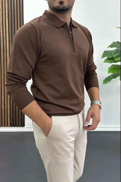 Erkek Yarım Fermuarlı Düz Desen Polo Yaka Kazak Kahverengi Edw424 - Resim 2