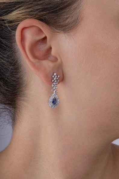 Gümüş Pazarım Hürrem Sultan Modeli Safir Taşllı Damla Motifli 925 Ayar Gümüş Küpe - Resim 3