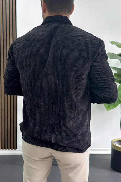 Erkek Kadife Kumaş Gömlek Siyah Edw415 - Resim 3