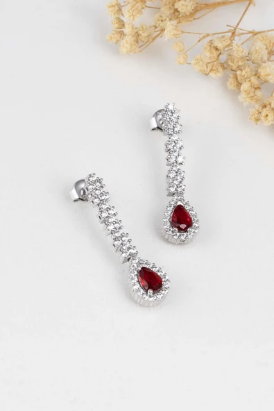 Gümüş Pazarım Yakut Taşlı Damla Motifli Rodyum Kaplama Gümüş Küpe - 4