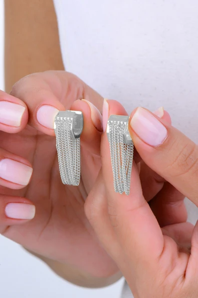 Gümüş rodyumlu zincir sallantılı altıgen halka küpe SGTL12991RODAJ - Resim 2