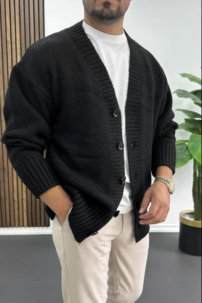 Erkek Düğmeli Rahat Kesim Hırka Siyah Edw416 - Resim 2