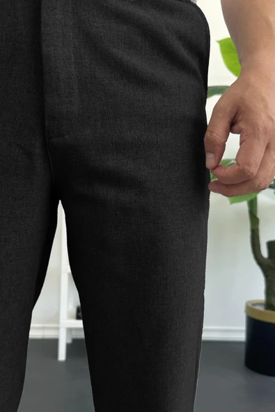 Erkek Normal Kesim Keten Pantolon Siyah Edw386 - Resim 2