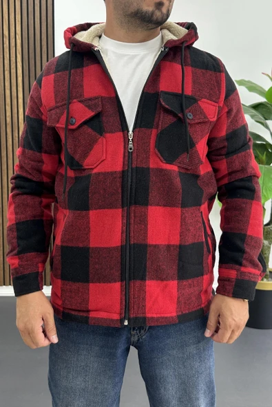 Erkek İçi Kürklü Kapüşonlu Ceket Kırmızı Edw418 - Resim 3