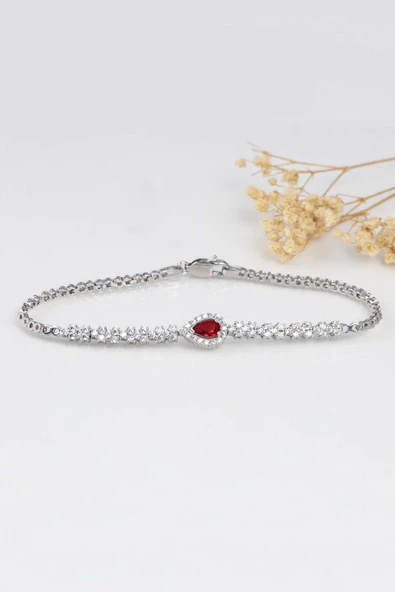 Gümüş Pazarım Yakut Taşlı Damla Motifli Rodyum Kaplama Gümüş Bileklik - 4
