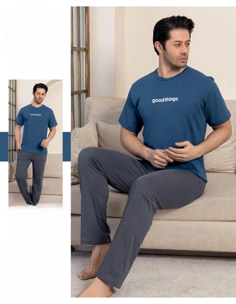 Pijamerry Erkek Bisiklet Yaka Kısa Kol Penye Pijama Takımı 5834 - 1 Adet  S - M Mavi ürün görseli 1