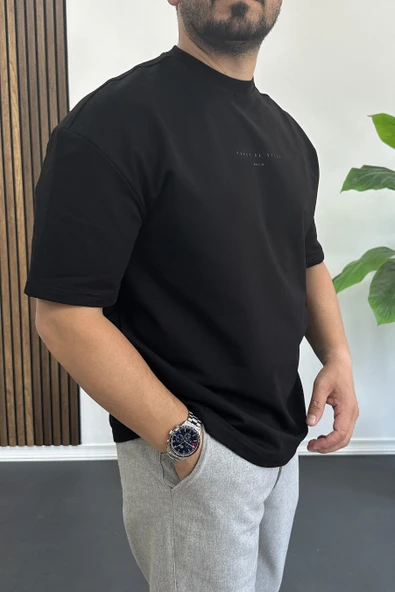 Erkek Kabartmalı Sırt Baskılı Oversize Tişört Siyah Edw390 - Resim 3