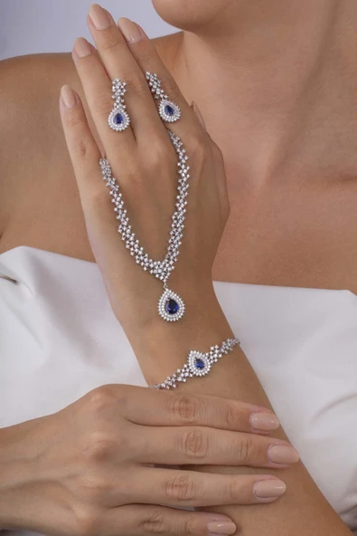 Gümüş Pazarım Hürrem Sultan Modeli Safir Taşllı Damla Motifli 925 Ayar Gümüş Set - 2