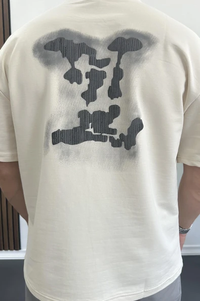 Erkek Kabartmalı Sırt Baskılı Oversize Tişört Krem Edw390 - Resim 4