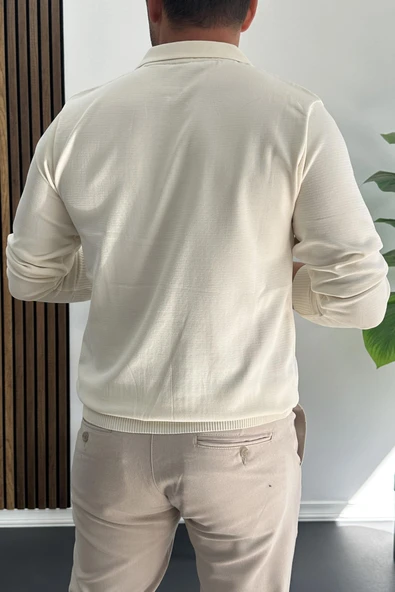 Erkek Çizgi Desenli Normal Kalıp Kazak Krem Edw422 - Resim 3