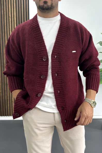 Erkek Düğmeli Rahat Kesim Hırka Bordo Edw416 ürün görseli